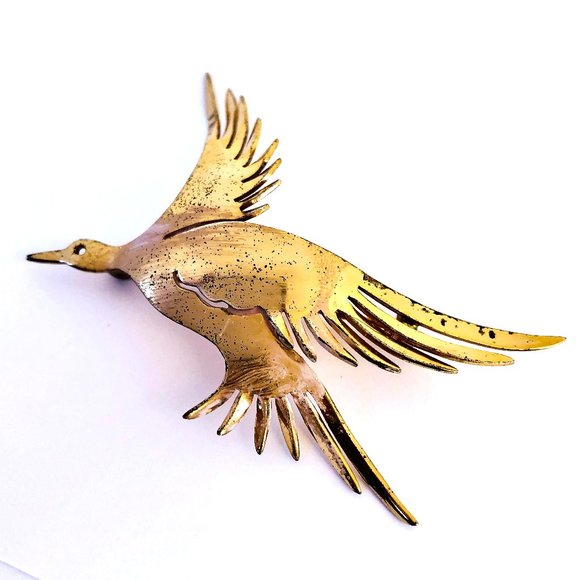 Sterling Silver Flying Goose Duck Brooch Pin HANDMADE Gold Wash - Picture 5 of 13
